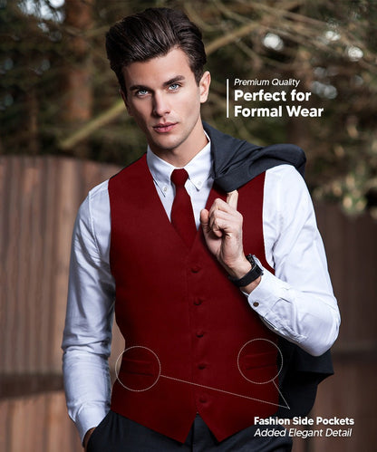 Vittorio Farina Men's Satin Vest, Necktie, Bow Tie and Pocket Square Set (Black Back) - Maroon - Vest Set - Vittorio Farina