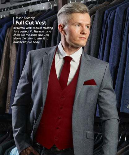 Vittorio Farina Men's Satin Vest, Necktie, Bow Tie and Pocket Square Set (Black Back) - Maroon - Vest Set - Vittorio Farina