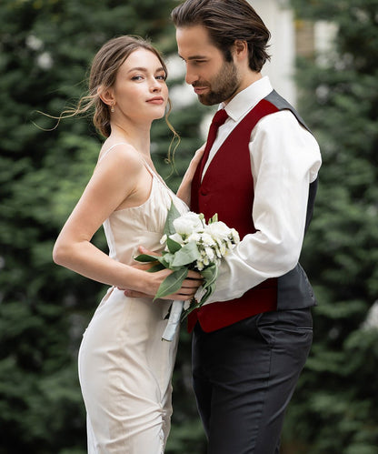 Vittorio Farina Men's Satin Vest, Necktie, Bow Tie and Pocket Square Set (Black Back) - Maroon - Vest Set - Vittorio Farina
