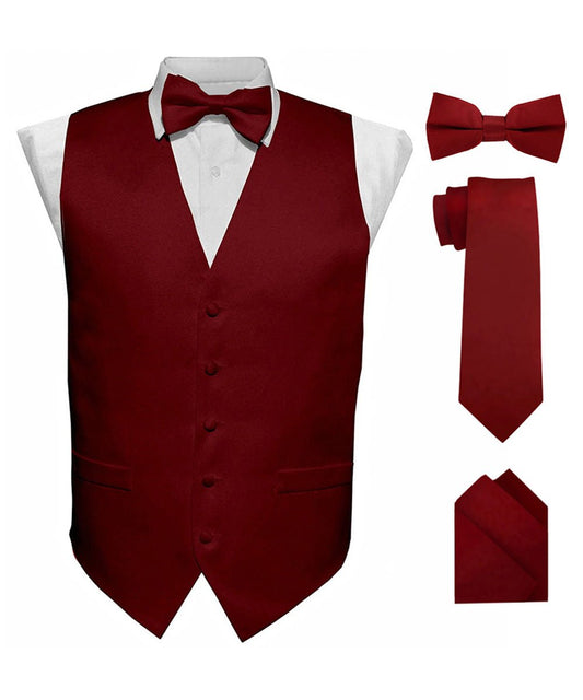 Vittorio Farina Men's Satin Vest, Necktie, Bow Tie and Pocket Square Set (Black Back) - Maroon - Vest Set - Vittorio Farina
