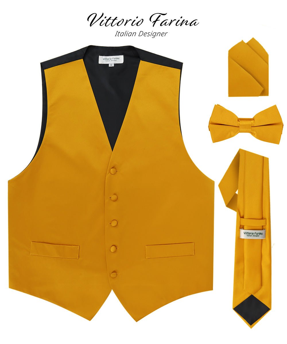 Vittorio Farina Men's Satin Vest, Necktie, Bow Tie and Pocket Square Set (Black Back) - Mustard Yellow - Vest Set - Vittorio Farina