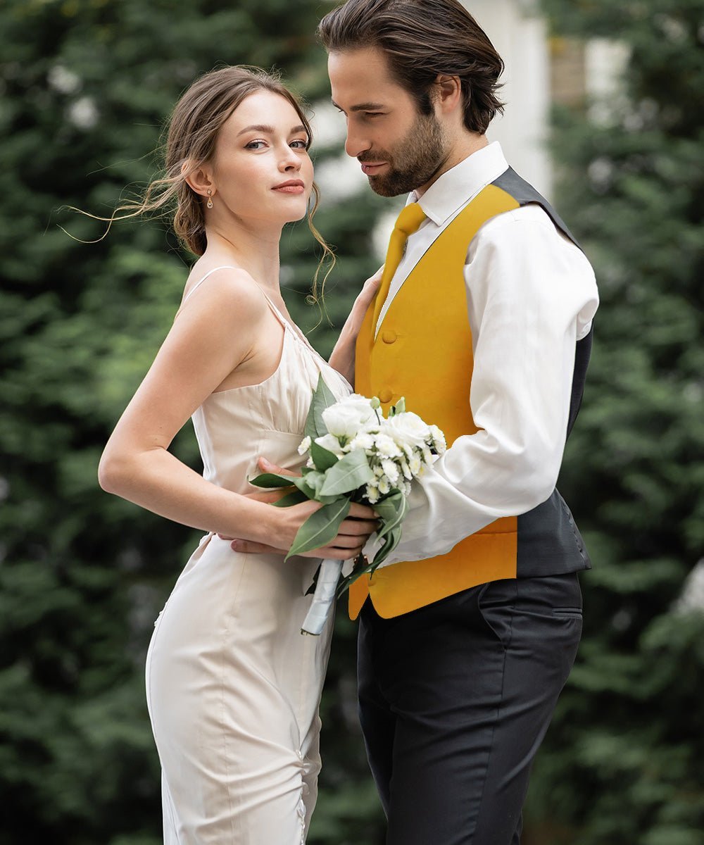 Vittorio Farina Men's Satin Vest, Necktie, Bow Tie and Pocket Square Set (Black Back) - Mustard Yellow - Vest Set - Vittorio Farina