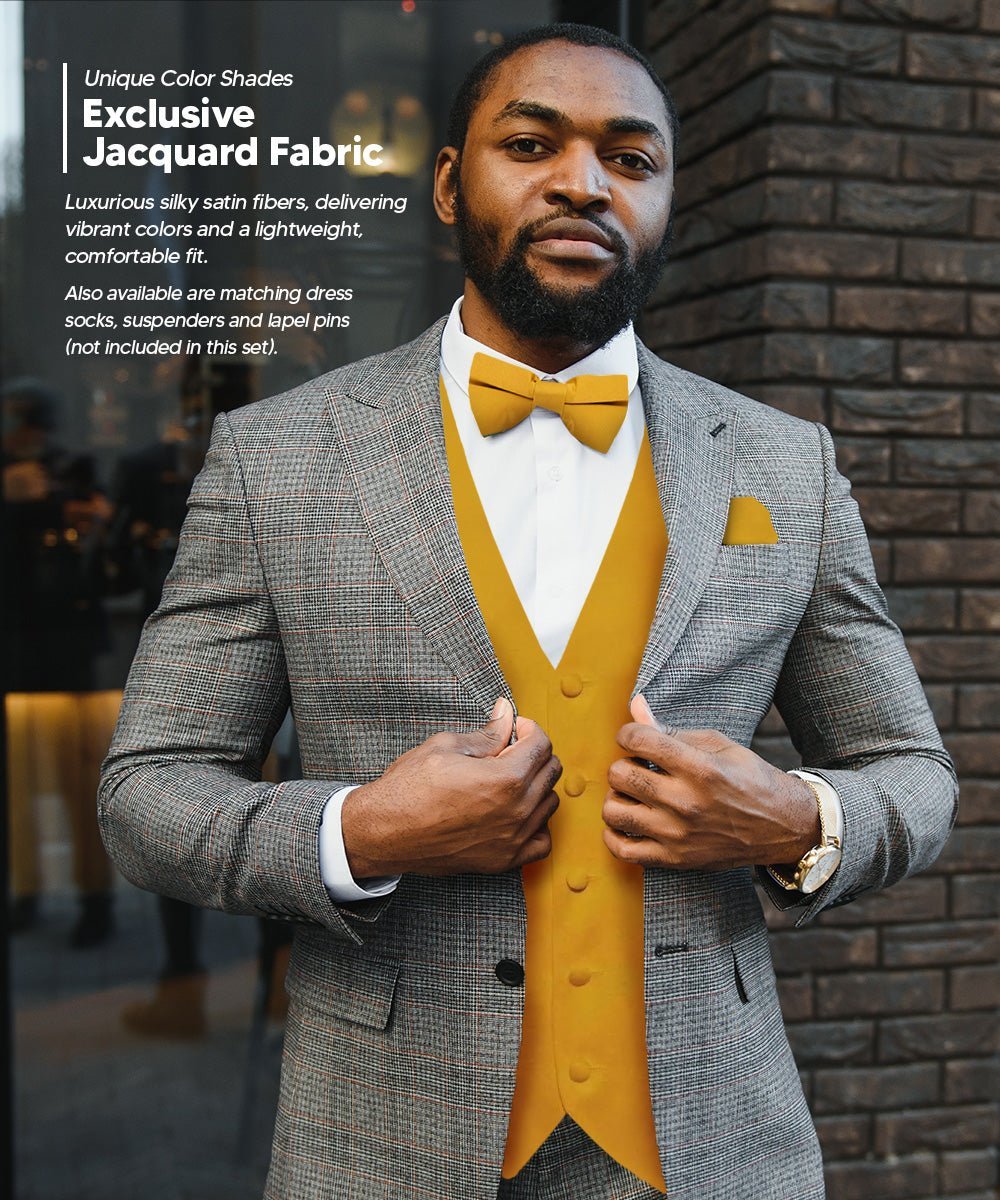 Vittorio Farina Men's Satin Vest, Necktie, Bow Tie and Pocket Square Set (Black Back) - Mustard Yellow - Vest Set - Vittorio Farina