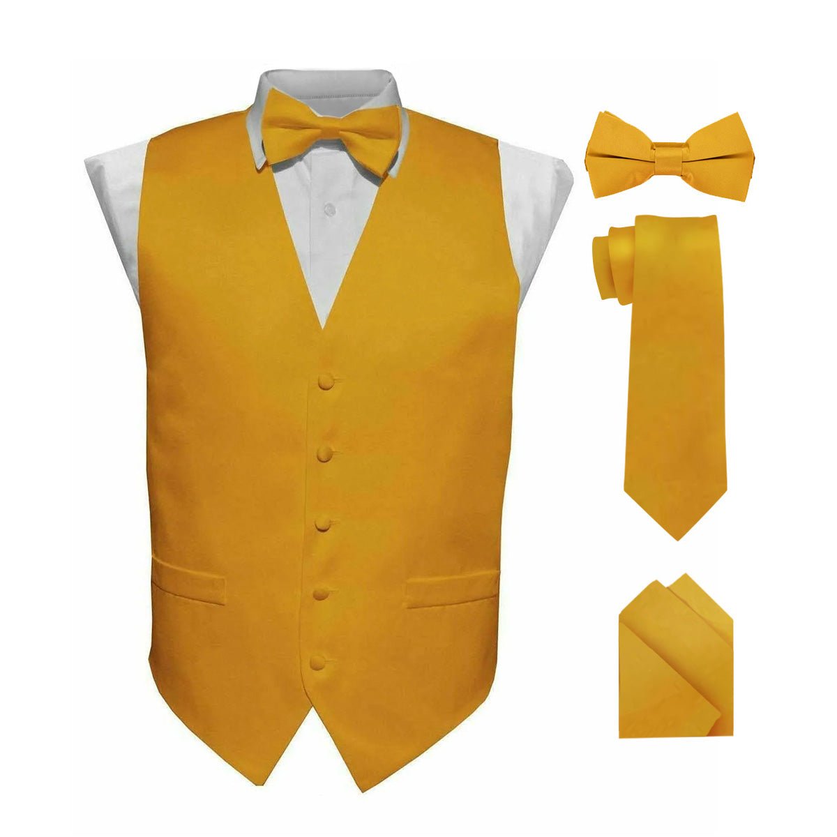 Vittorio Farina Men's Satin Vest, Necktie, Bow Tie and Pocket Square Set (Black Back) - Mustard Yellow - Vest Set - Vittorio Farina