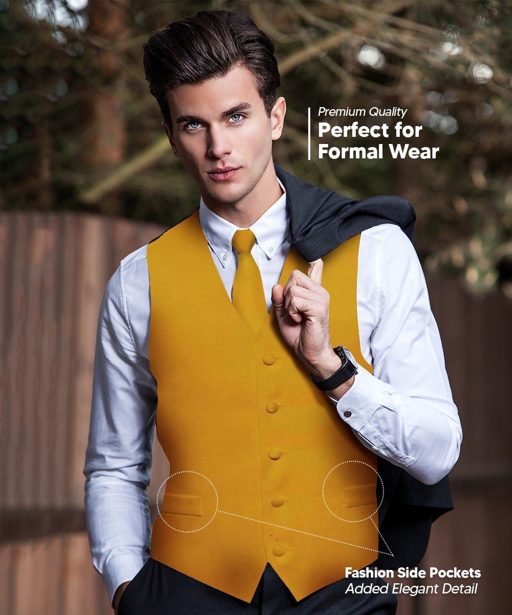 Vittorio Farina Men's Satin Vest, Necktie, Bow Tie and Pocket Square Set (Black Back) - Mustard Yellow - Vest Set - Vittorio Farina