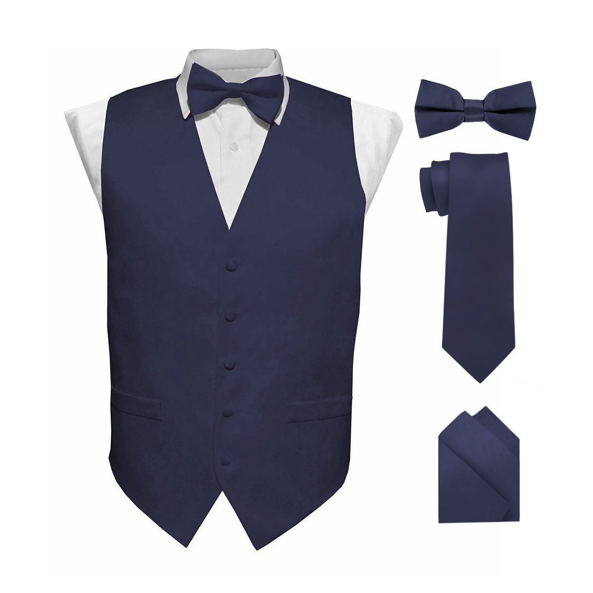 Vittorio Farina Men's Satin Vest, Necktie, Bow Tie and Pocket Square Set (Black Back) - Navy Blue - Vest Set - Vittorio Farina