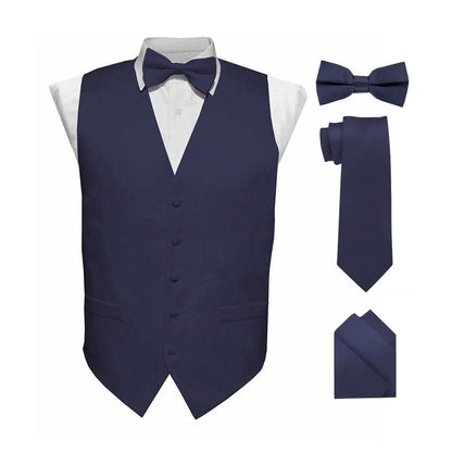 Vittorio Farina Men's Satin Vest, Necktie, Bow Tie and Pocket Square Set (Black Back) - Navy Blue - Vest Set - Vittorio Farina