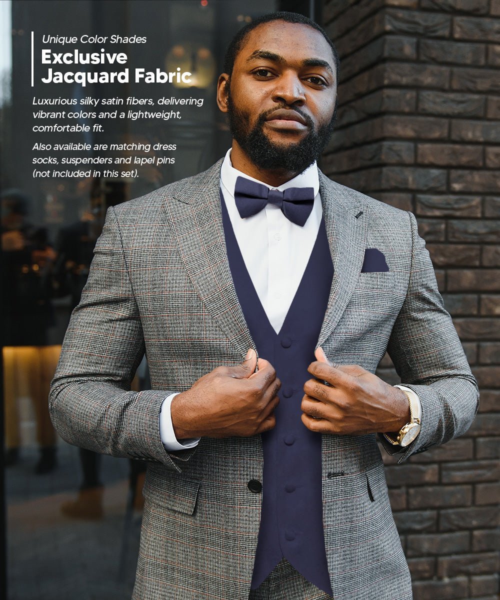 Vittorio Farina Men's Satin Vest, Necktie, Bow Tie and Pocket Square Set (Black Back) - Navy Blue - Vest Set - Vittorio Farina