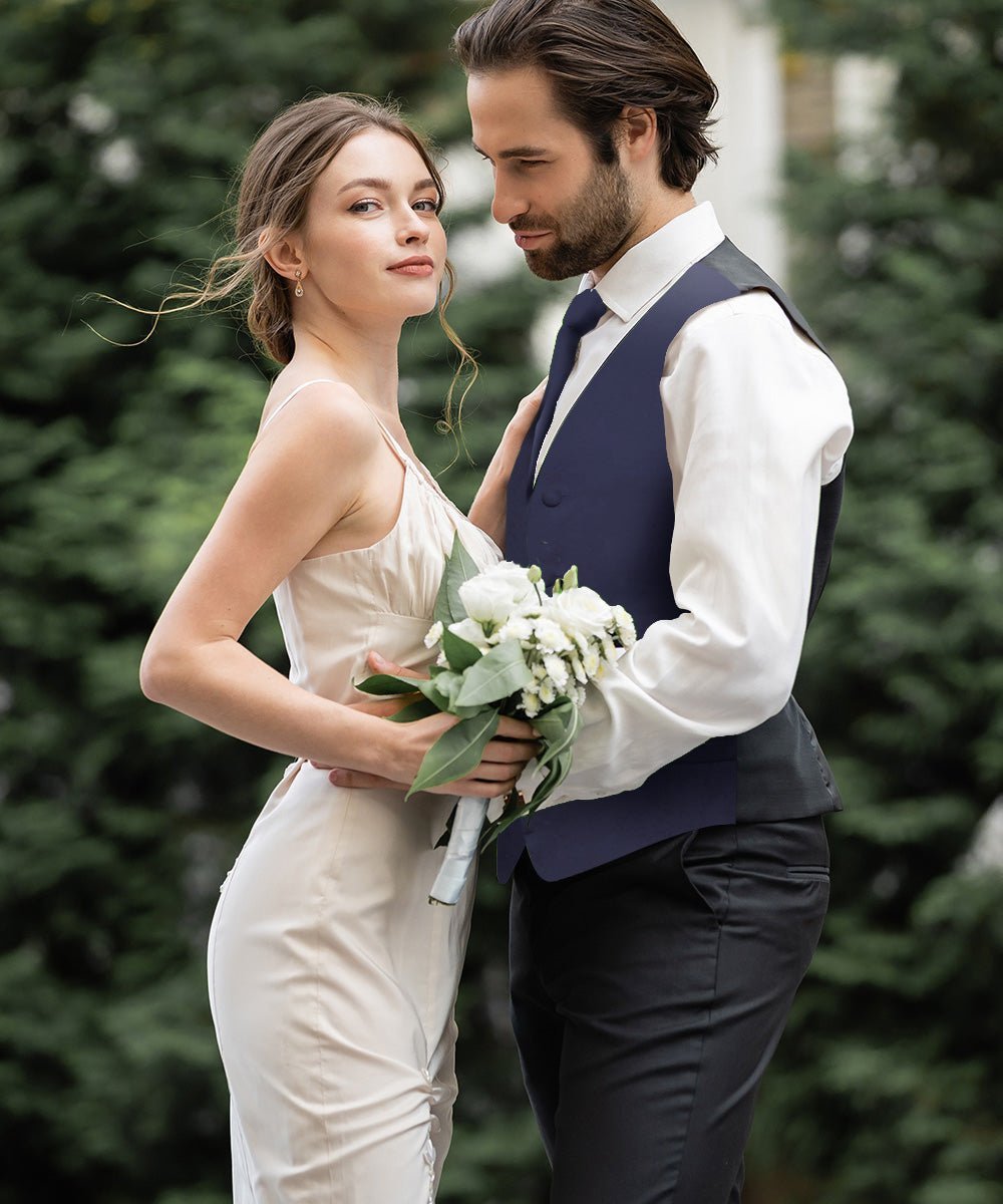Vittorio Farina Men's Satin Vest, Necktie, Bow Tie and Pocket Square Set (Black Back) - Navy Blue - Vest Set - Vittorio Farina
