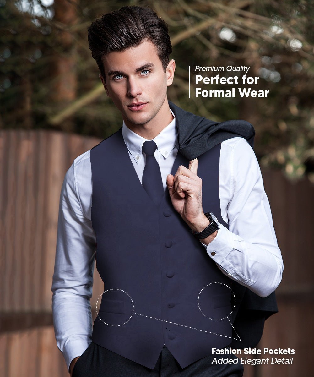 Vittorio Farina Men's Satin Vest, Necktie, Bow Tie and Pocket Square Set (Black Back) - Navy Blue - Vest Set - Vittorio Farina