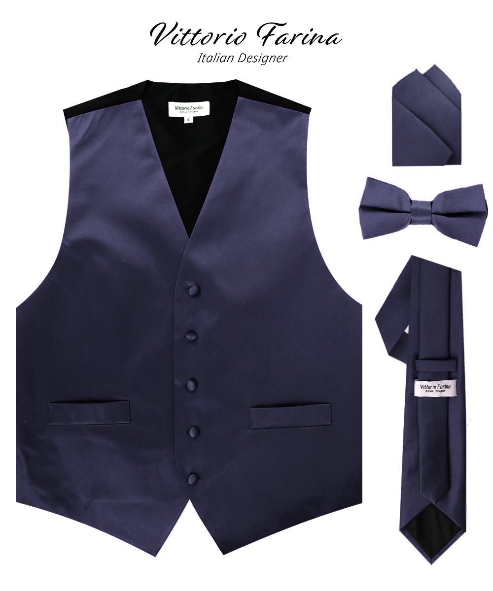 Vittorio Farina Men's Satin Vest, Necktie, Bow Tie and Pocket Square Set (Black Back) - Navy Blue - Vest Set - Vittorio Farina