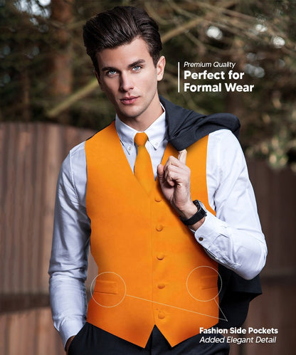 Vittorio Farina Men's Satin Vest, Necktie, Bow Tie and Pocket Square Set (Black Back) - Orange - Vest Set - Vittorio Farina