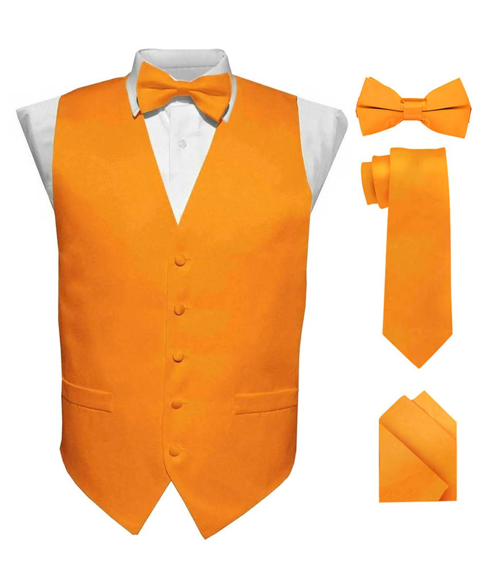 Vittorio Farina Men's Satin Vest, Necktie, Bow Tie and Pocket Square Set (Black Back) - Orange - Vest Set - Vittorio Farina