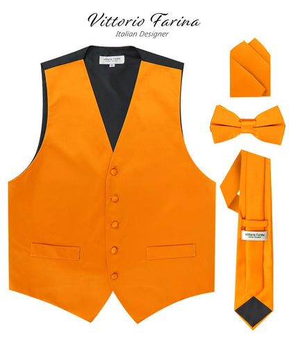 Vittorio Farina Men's Satin Vest, Necktie, Bow Tie and Pocket Square Set (Black Back) - Orange - Vest Set - Vittorio Farina