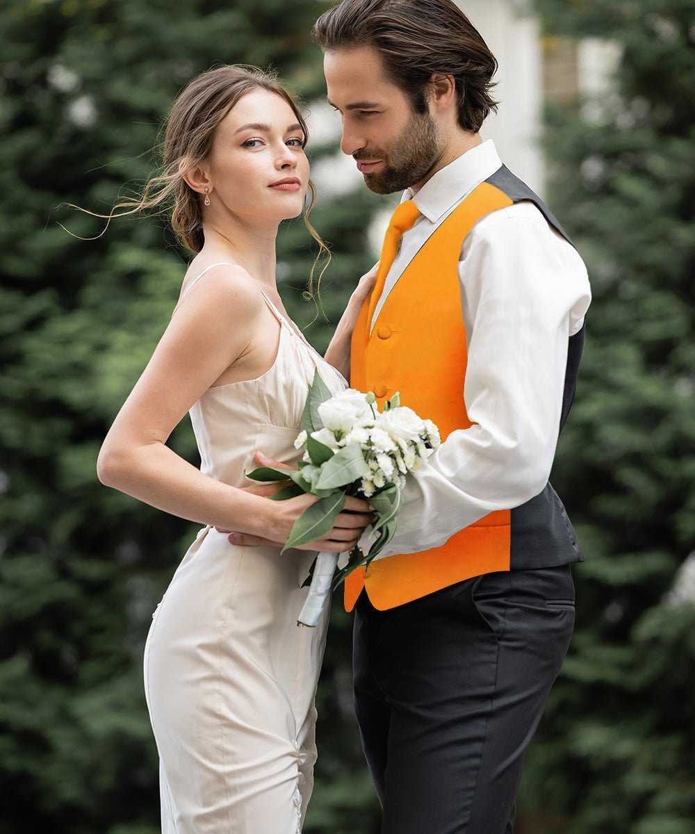 Vittorio Farina Men's Satin Vest, Necktie, Bow Tie and Pocket Square Set (Black Back) - Orange - Vest Set - Vittorio Farina