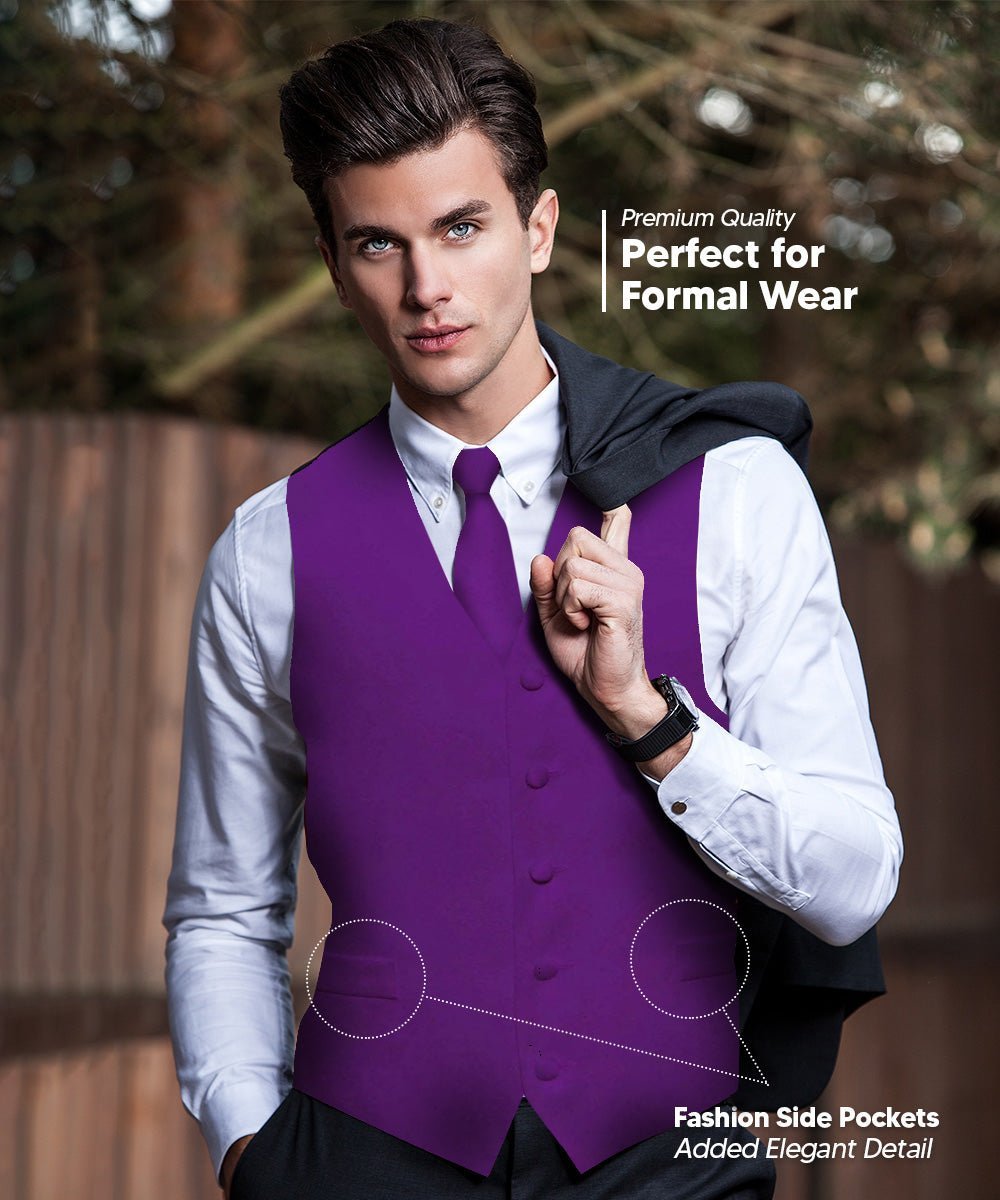 Vittorio Farina Men's Satin Vest, Necktie, Bow Tie and Pocket Square Set (Black Back) - Purple - Vest Set - Vittorio Farina