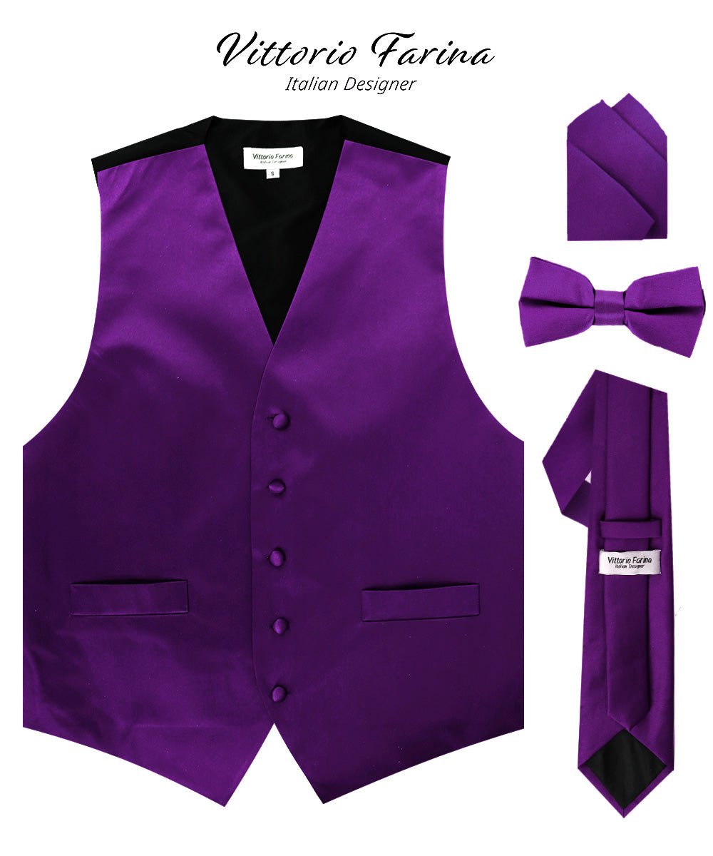 Vittorio Farina Men's Satin Vest, Necktie, Bow Tie and Pocket Square Set (Black Back) - Purple - Vest Set - Vittorio Farina