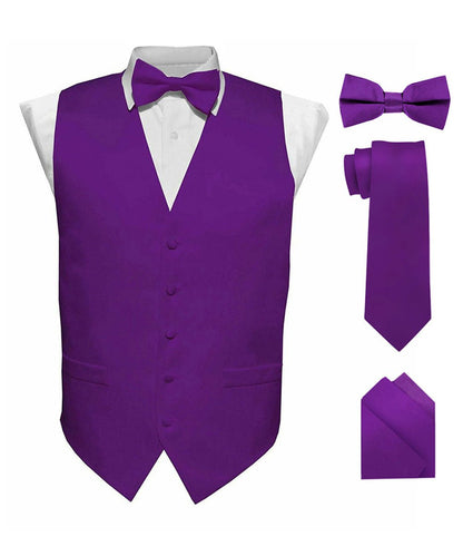 Vittorio Farina Men's Satin Vest, Necktie, Bow Tie and Pocket Square Set (Black Back) - Purple - Vest Set - Vittorio Farina