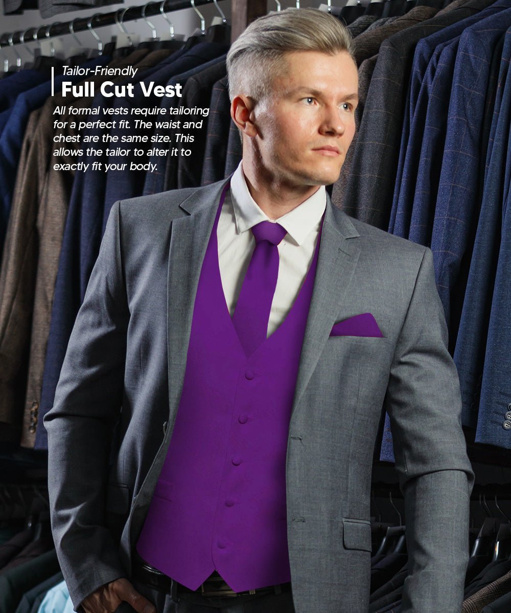 Vittorio Farina Men's Satin Vest, Necktie, Bow Tie and Pocket Square Set (Black Back) - Purple - Vest Set - Vittorio Farina