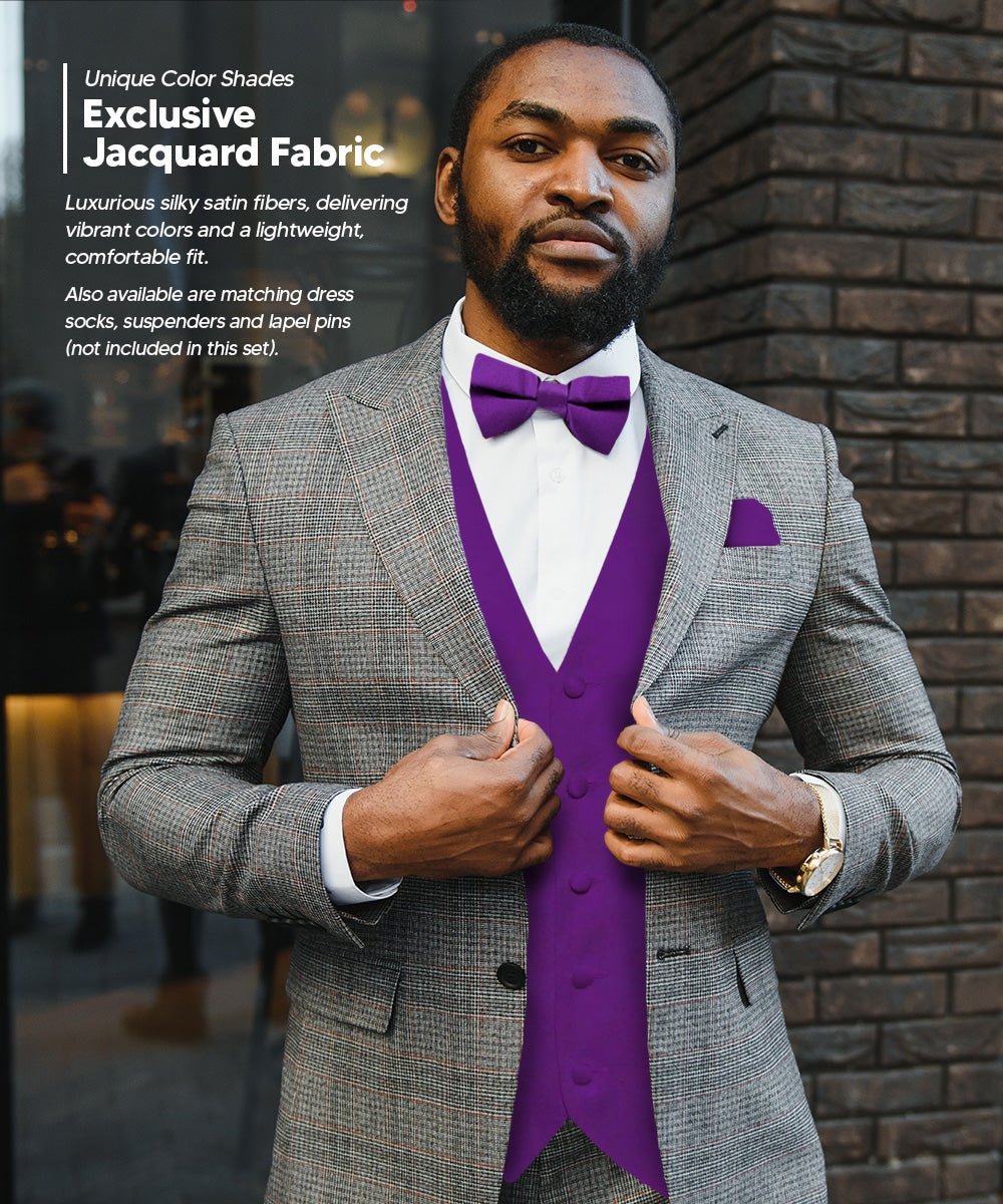 Vittorio Farina Men's Satin Vest, Necktie, Bow Tie and Pocket Square Set (Black Back) - Purple - Vest Set - Vittorio Farina
