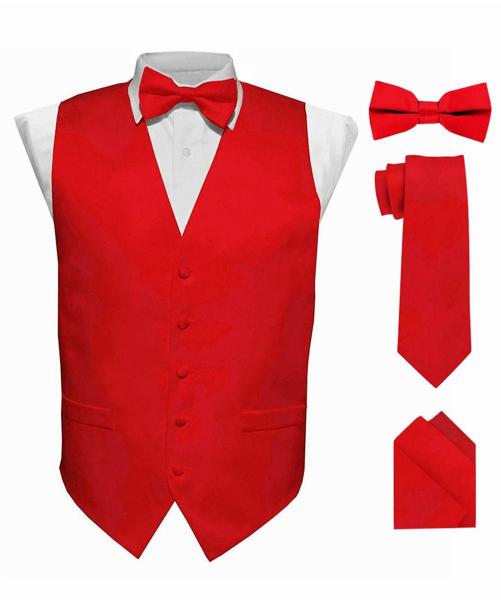 Vittorio Farina Men's Satin Vest, Necktie, Bow Tie and Pocket Square Set (Black Back) - Red - Vest Set - Vittorio Farina