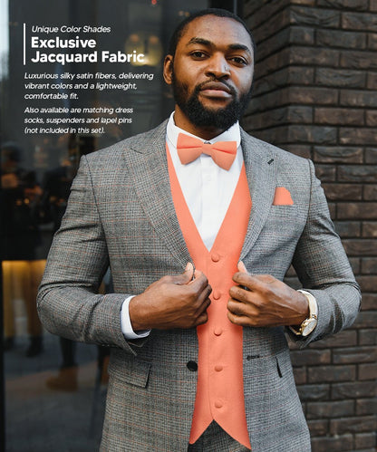 Vittorio Farina Men's Satin Vest, Necktie, Bow Tie and Pocket Square Set (Black Back) - Rose Gold - Vest Set - Vittorio Farina