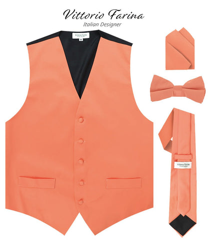 Vittorio Farina Men's Satin Vest, Necktie, Bow Tie and Pocket Square Set (Black Back) - Rose Gold - Vest Set - Vittorio Farina