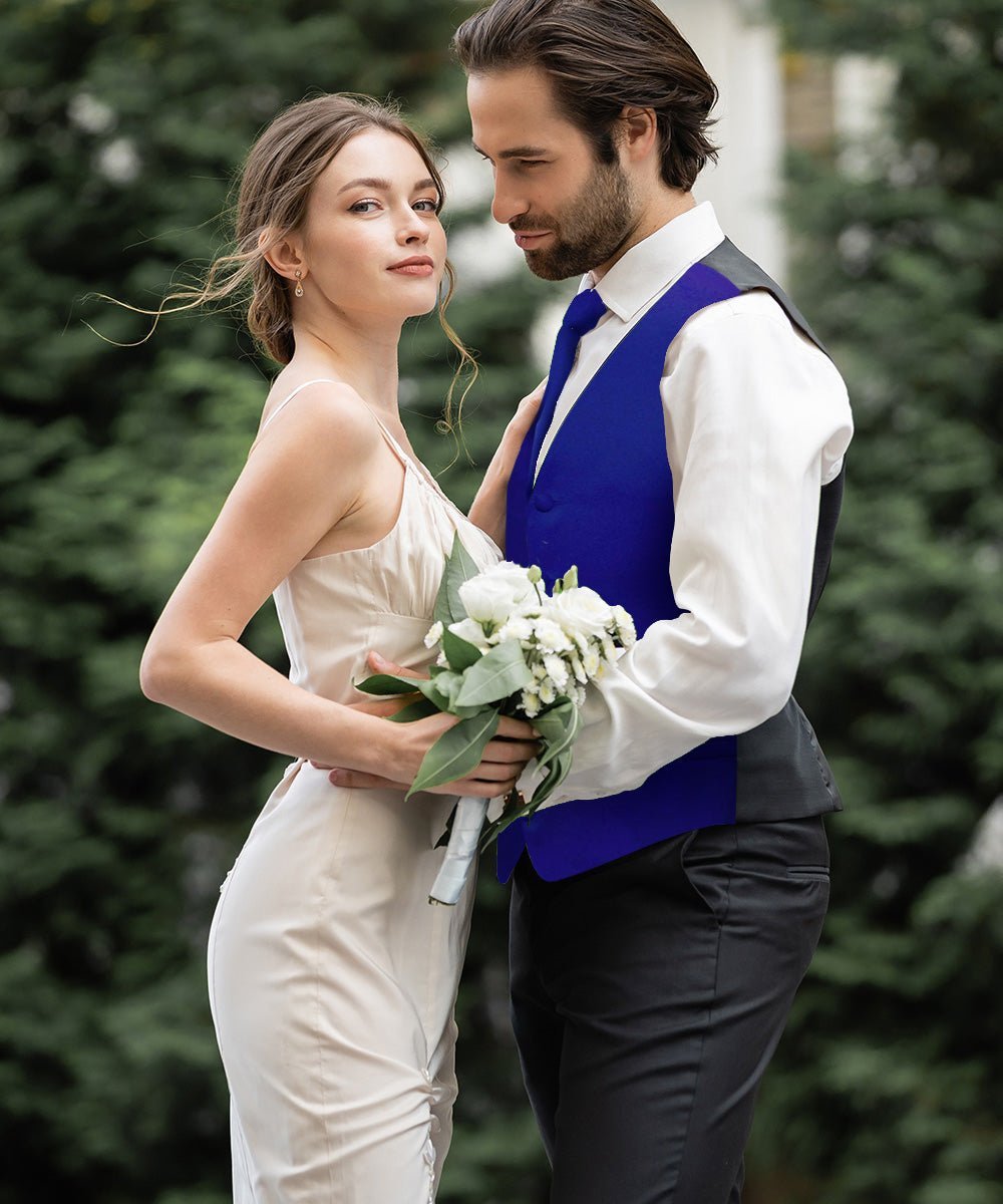 Vittorio Farina Men's Satin Vest, Necktie, Bow Tie and Pocket Square Set (Black Back) - Royal Blue - Vest Set - Vittorio Farina
