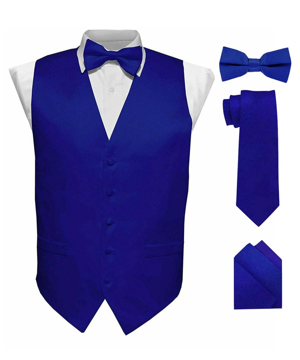 Vittorio Farina Men's Satin Vest, Necktie, Bow Tie and Pocket Square Set (Black Back) - Royal Blue - Vest Set - Vittorio Farina