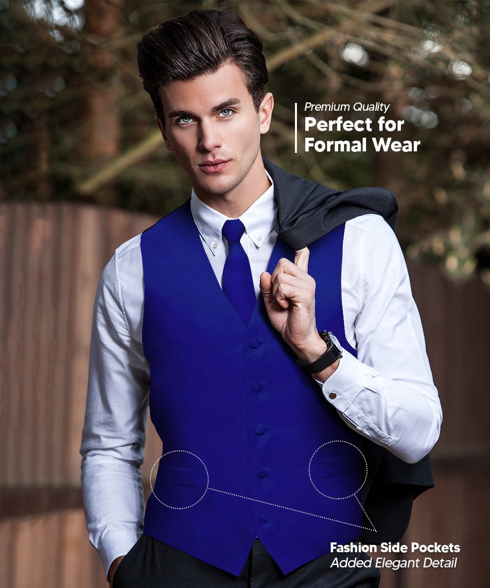 Vittorio Farina Men's Satin Vest, Necktie, Bow Tie and Pocket Square Set (Black Back) - Royal Blue - Vest Set - Vittorio Farina