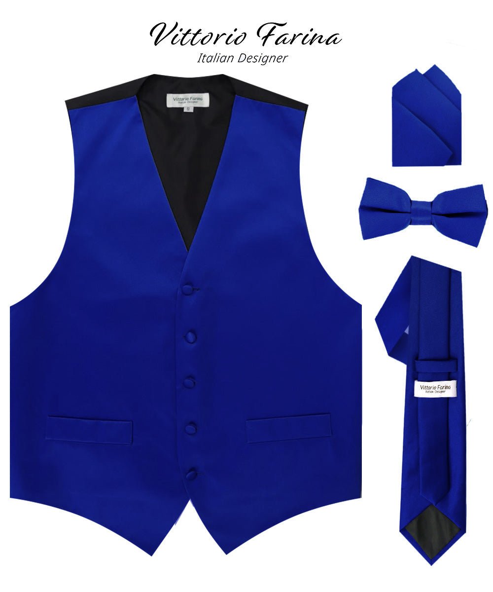 Vittorio Farina Men's Satin Vest, Necktie, Bow Tie and Pocket Square Set (Black Back) - Royal Blue - Vest Set - Vittorio Farina