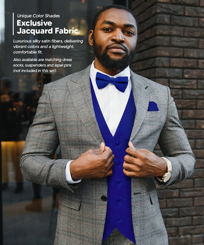 Vittorio Farina Men's Satin Vest, Necktie, Bow Tie and Pocket Square Set (Black Back) - Royal Blue - Vest Set - Vittorio Farina