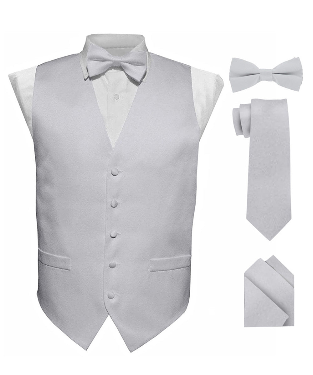 Vittorio Farina Men's Satin Vest, Necktie, Bow Tie and Pocket Square Set (Black Back) - Silver - Vest Set - Vittorio Farina