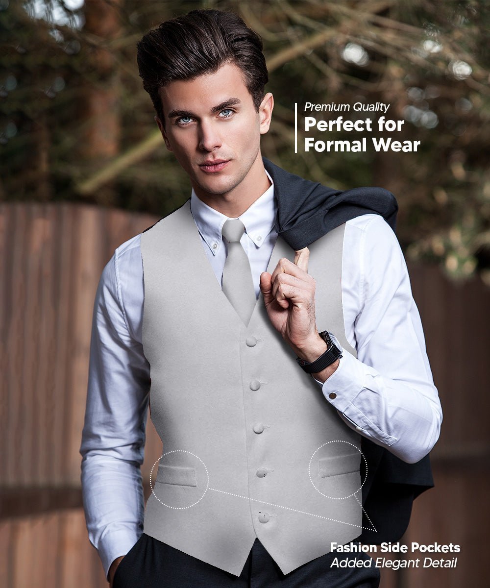 Vittorio Farina Men's Satin Vest, Necktie, Bow Tie and Pocket Square Set (Black Back) - Silver - Vest Set - Vittorio Farina