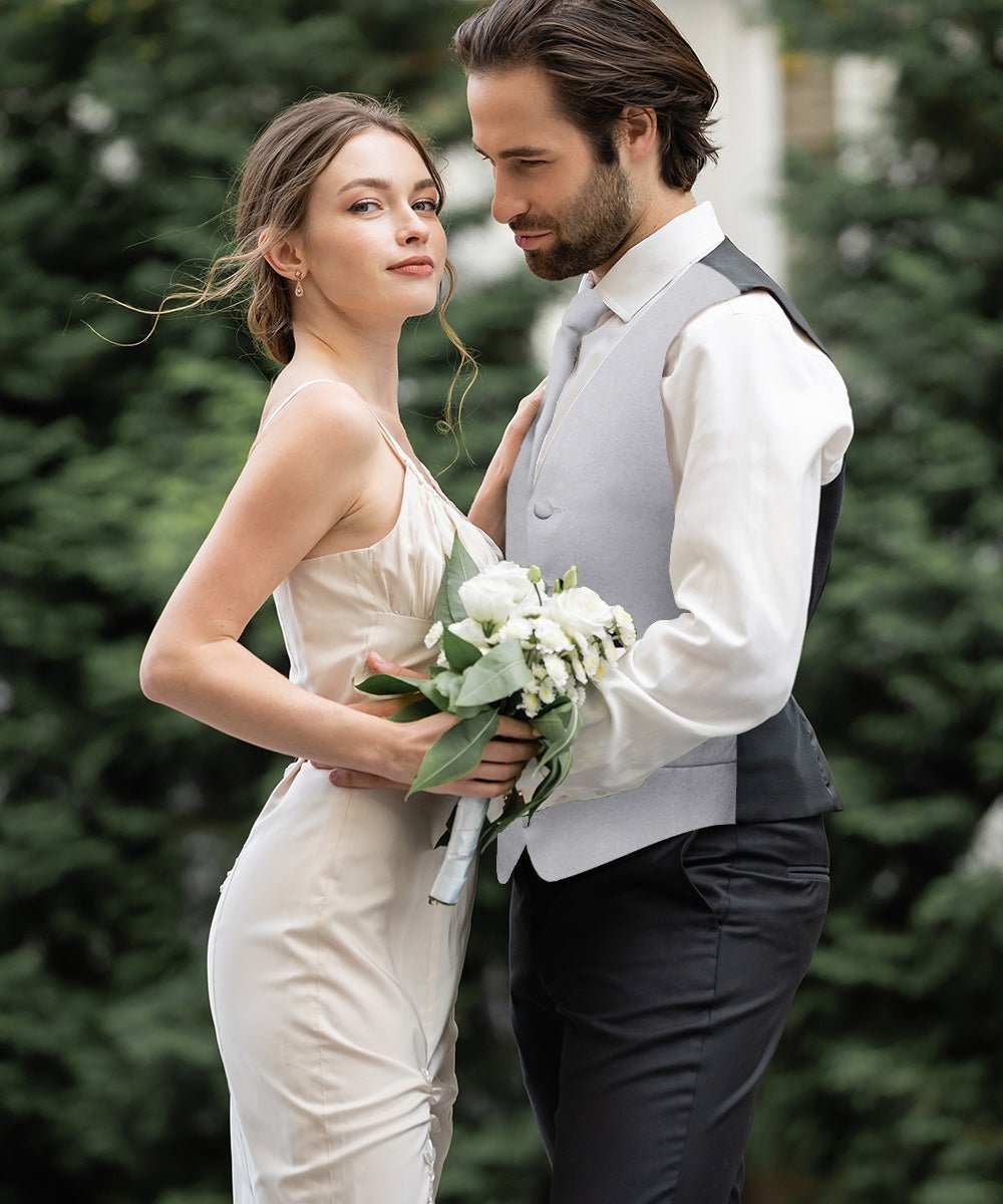 Vittorio Farina Men's Satin Vest, Necktie, Bow Tie and Pocket Square Set (Black Back) - Silver - Vest Set - Vittorio Farina