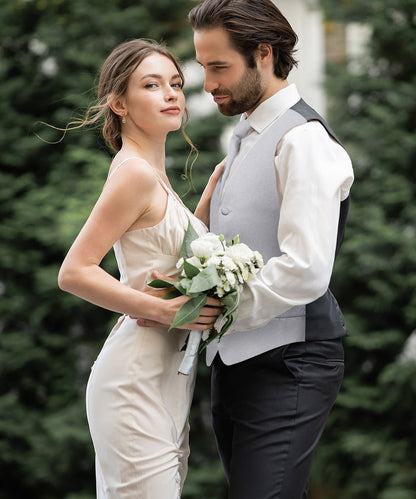Vittorio Farina Men's Satin Vest, Necktie, Bow Tie and Pocket Square Set (Black Back) - Silver - Vest Set - Vittorio Farina