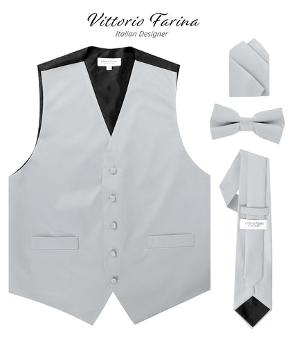 Vittorio Farina Men's Satin Vest, Necktie, Bow Tie and Pocket Square Set (Black Back) - Silver - Vest Set - Vittorio Farina