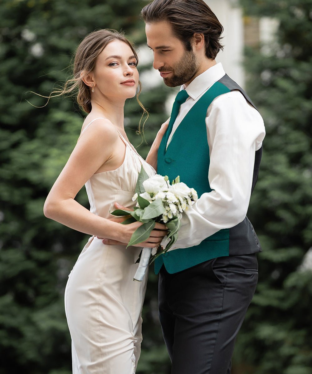 Vittorio Farina Men's Satin Vest, Necktie, Bow Tie and Pocket Square Set (Black Back) - Teal Green - Vest Set - Vittorio Farina