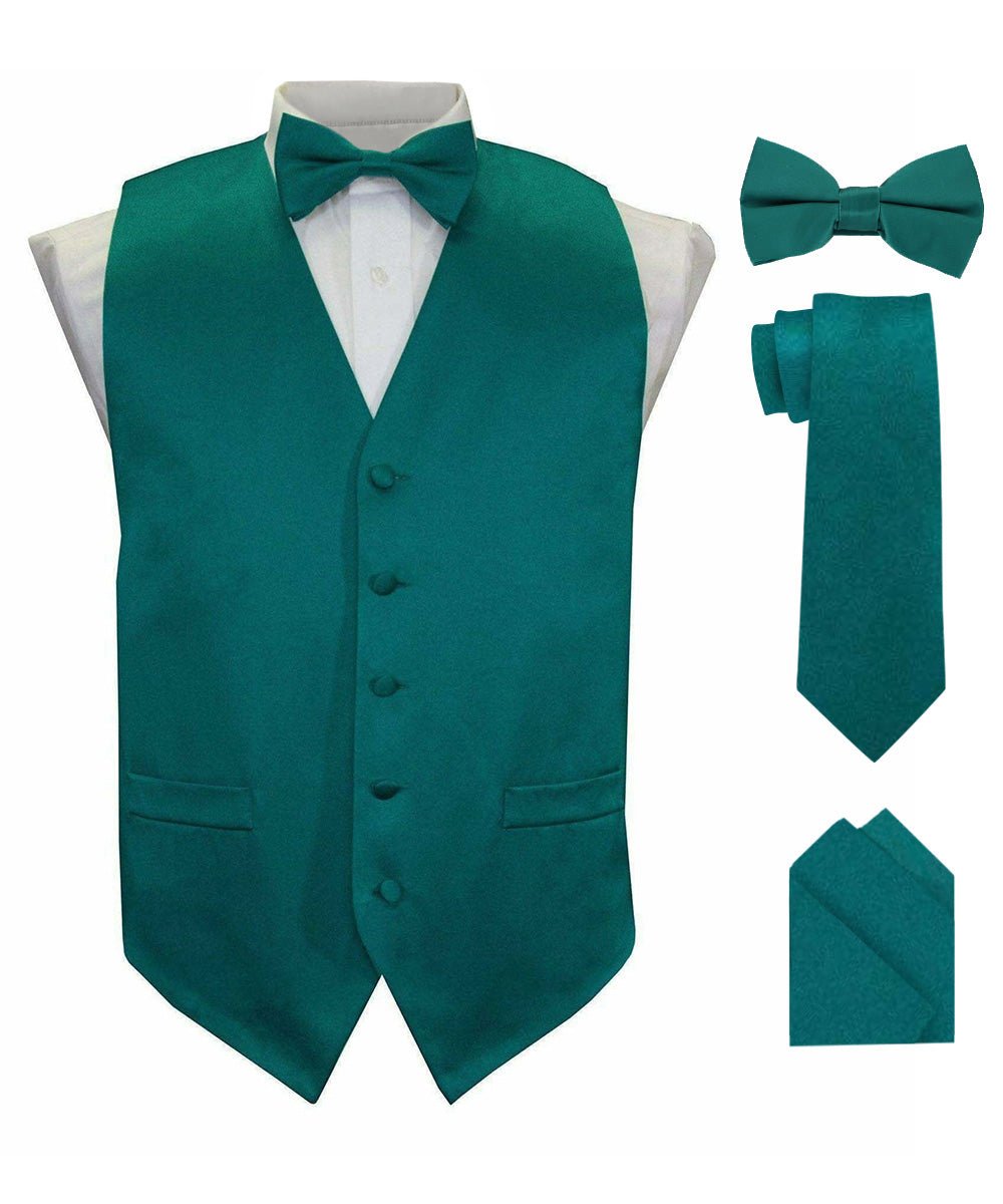 Vittorio Farina Men's Satin Vest, Necktie, Bow Tie and Pocket Square Set (Black Back) - Teal Green - Vest Set - Vittorio Farina