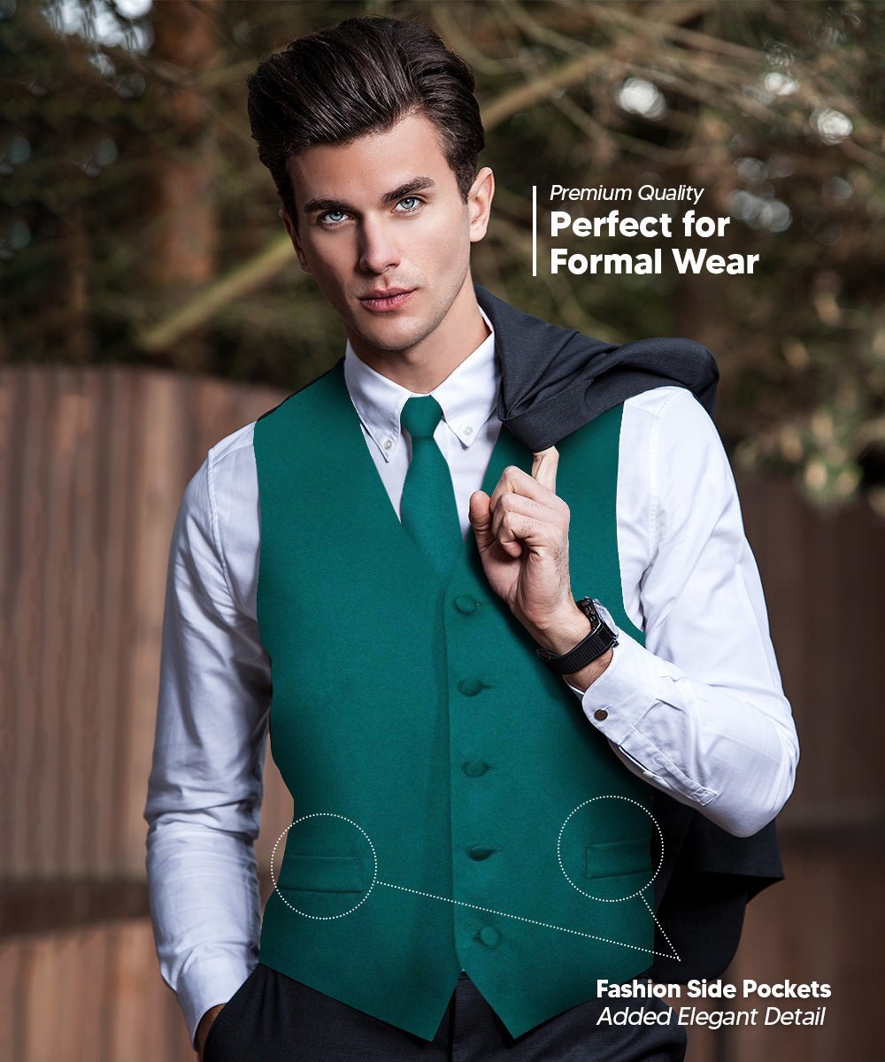 Vittorio Farina Men's Satin Vest, Necktie, Bow Tie and Pocket Square Set (Black Back) - Teal Green - Vest Set - Vittorio Farina