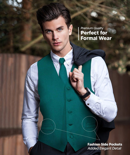 Vittorio Farina Men's Satin Vest, Necktie, Bow Tie and Pocket Square Set (Black Back) - Teal Green - Vest Set - Vittorio Farina
