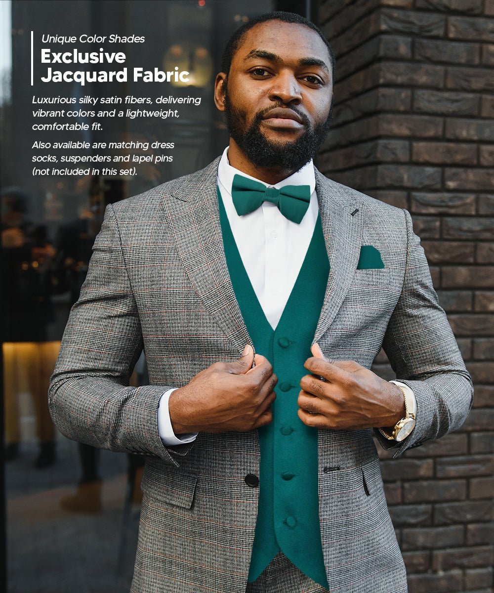 Vittorio Farina Men's Satin Vest, Necktie, Bow Tie and Pocket Square Set (Black Back) - Teal Green - Vest Set - Vittorio Farina