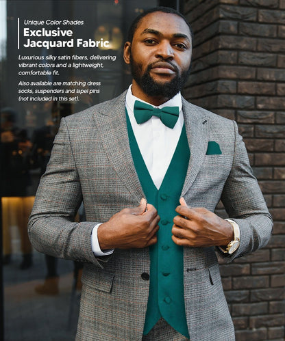 Vittorio Farina Men's Satin Vest, Necktie, Bow Tie and Pocket Square Set (Black Back) - Teal Green - Vest Set - Vittorio Farina