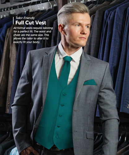 Vittorio Farina Men's Satin Vest, Necktie, Bow Tie and Pocket Square Set (Black Back) - Teal Green - Vest Set - Vittorio Farina