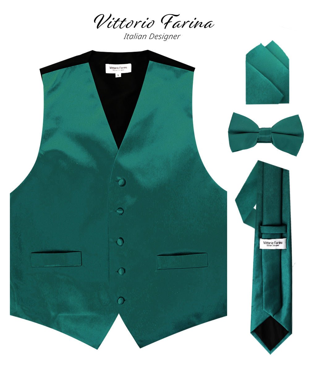 Vittorio Farina Men's Satin Vest, Necktie, Bow Tie and Pocket Square Set (Black Back) - Teal Green - Vest Set - Vittorio Farina