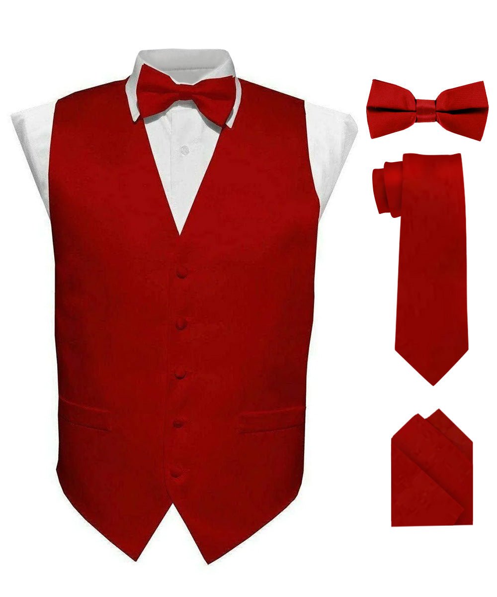 Vittorio Farina Men's Satin Vest, Necktie, Bow Tie and Pocket Square Set (Black Back) - Wine - Vest Set - Vittorio Farina