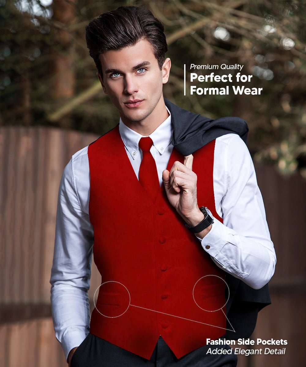 Vittorio Farina Men's Satin Vest, Necktie, Bow Tie and Pocket Square Set (Black Back) - Wine - Vest Set - Vittorio Farina