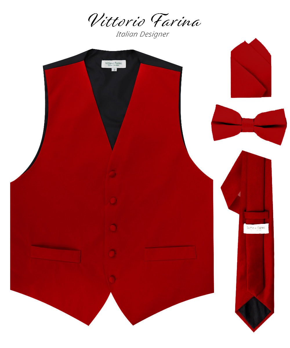 Vittorio Farina Men's Satin Vest, Necktie, Bow Tie and Pocket Square Set (Black Back) - Wine - Vest Set - Vittorio Farina