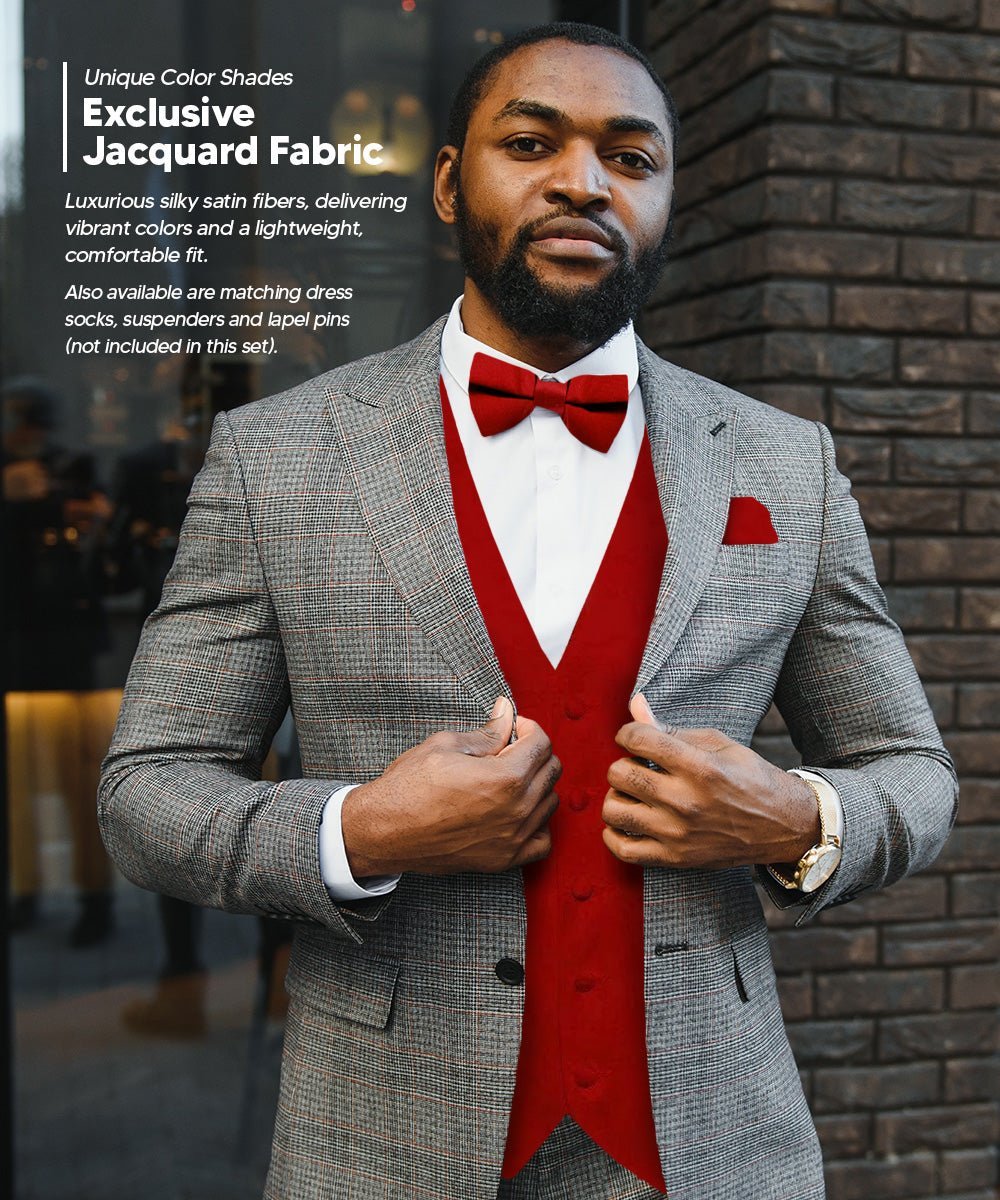 Vittorio Farina Men's Satin Vest, Necktie, Bow Tie and Pocket Square Set (Black Back) - Wine - Vest Set - Vittorio Farina