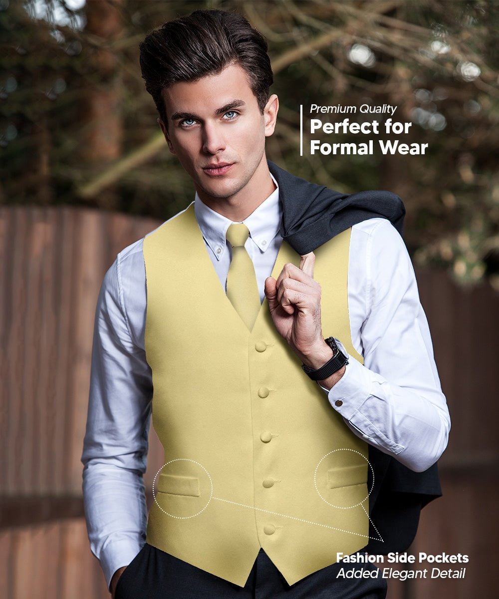 Vittorio Farina Men's Satin Vest, Necktie, Bow Tie and Pocket Square Set (White Back) - Beige - Vest Set - Vittorio Farina